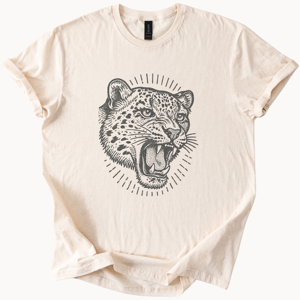 Roaring Leopard Graphic Tee Black and White Pen and Ink Illustration
